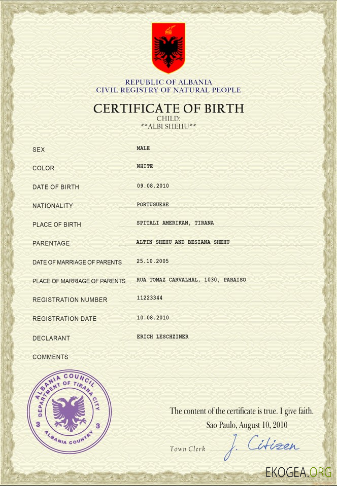 Modèle PSD de certificat de naissance en Albanie